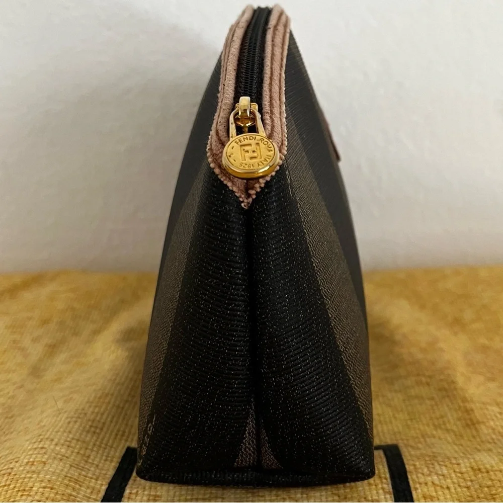 FENDI Pecan Striped Canvas Pouch Black Brown Gold COA 1980s Italy